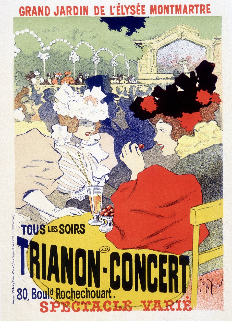 Trianon-konsert, daglig show i den store hagen til Elysee Montmartre (Elysee-Montmartre) i Paris. Plakat av Georges Meunier av Georges Meunier