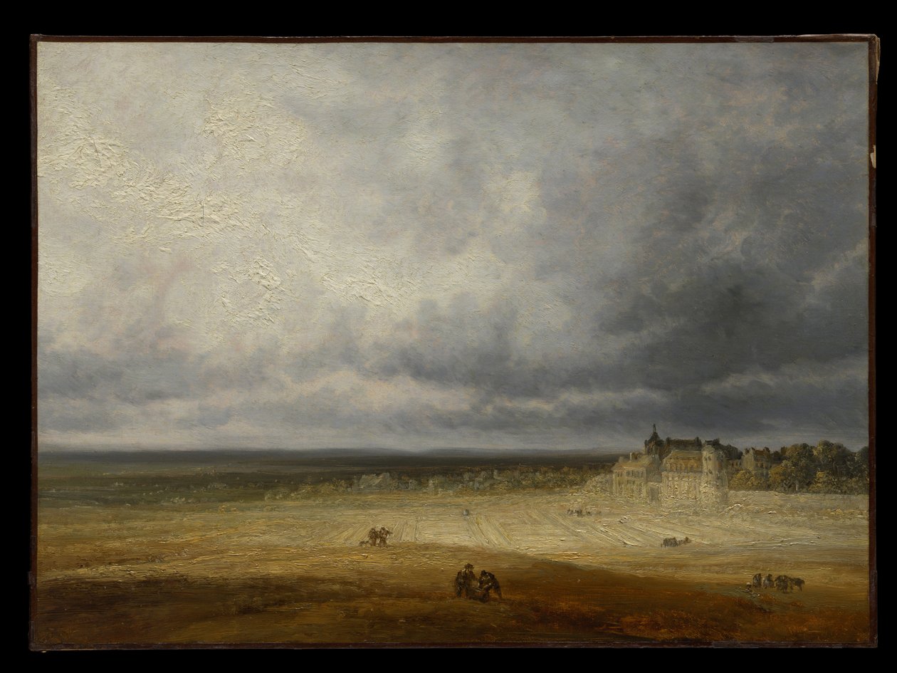 Landskap med en pløyd åker og en landsby av Georges Michel