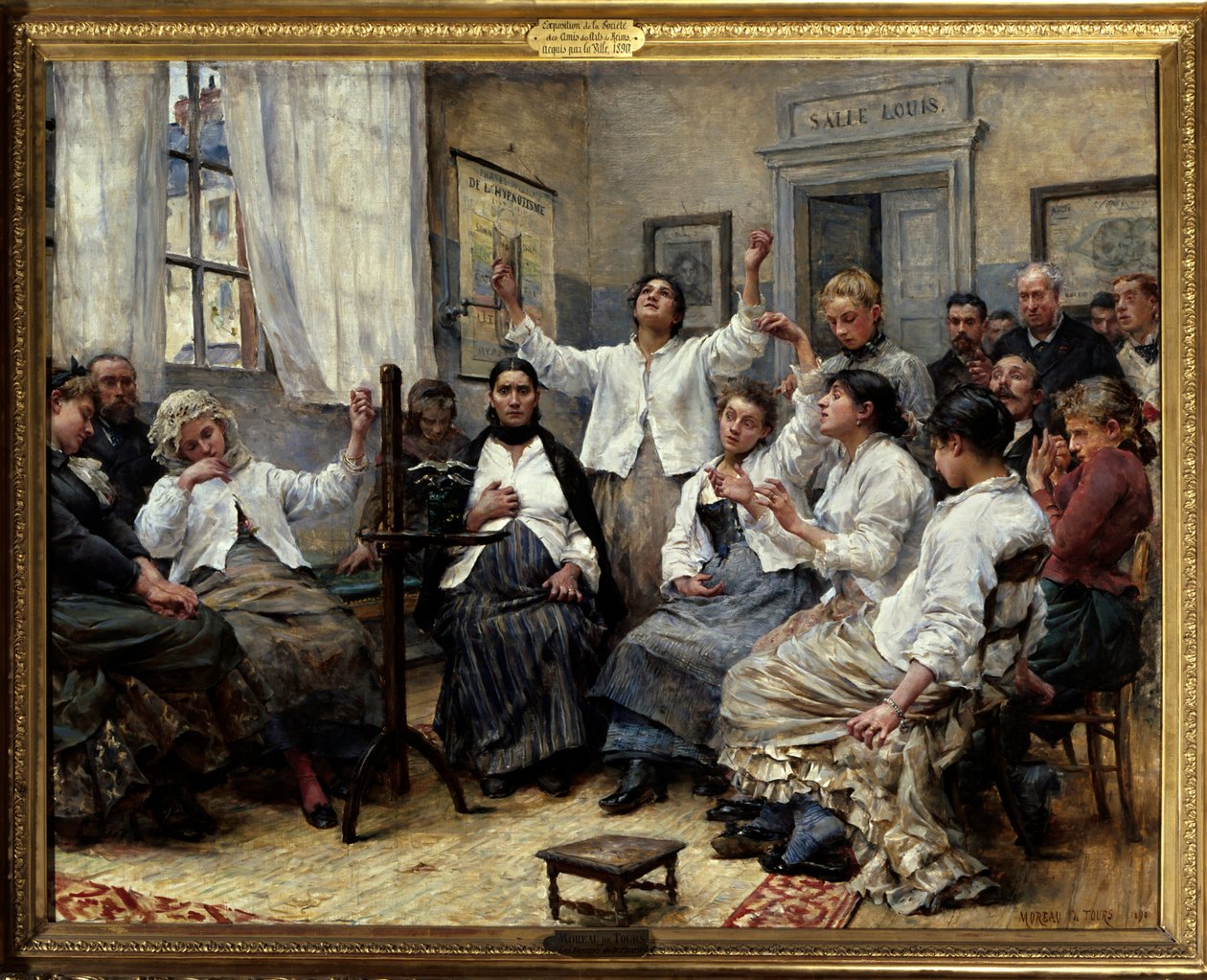 Veldedighetens fasciner (doktor Luys tjeneste). Scene på Hôpital de la Charite i Paris: pasienter med hysteri og andre psykiske lidelser blir overvåket av leger bakerst i rommet. På veggen en plakat om hypnosemetoder som behandling av Georges Moreau de Tours