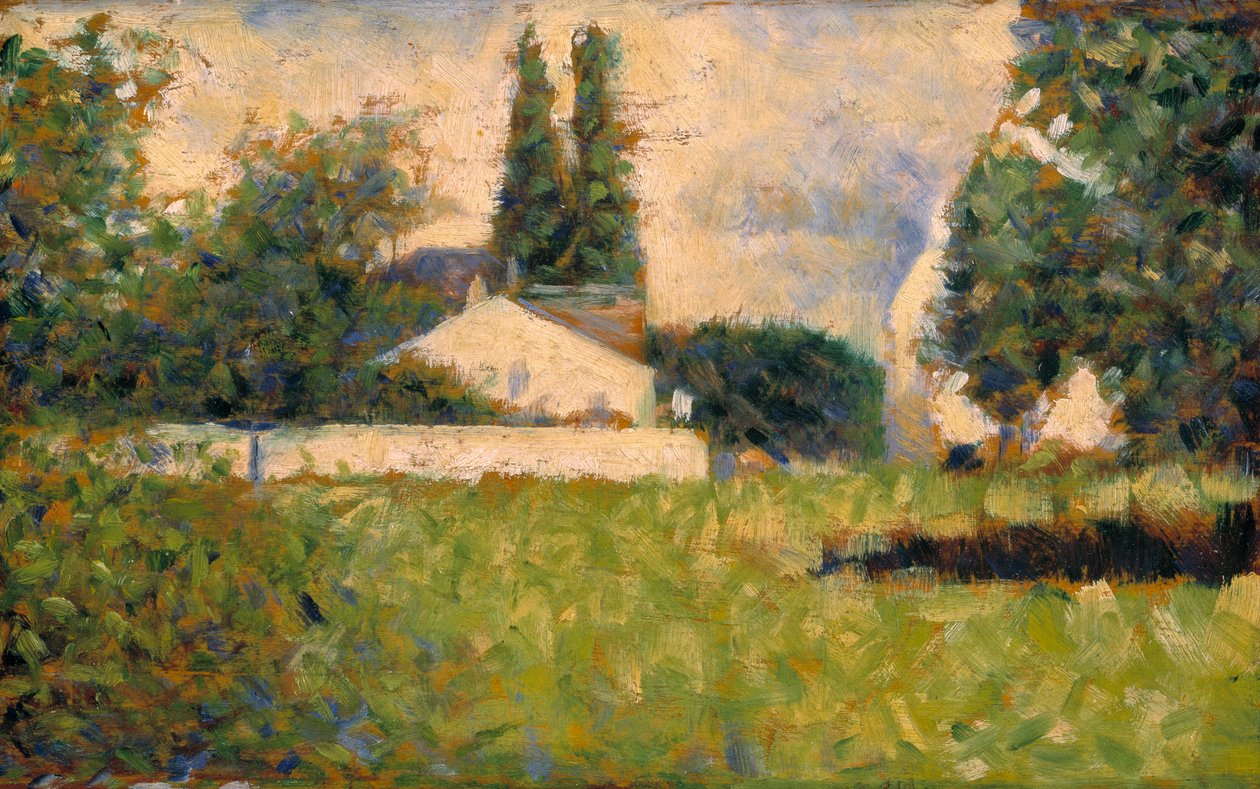 Hus blant trær / Maison dans les Arbres, ca. 1883 (olje på panel) av Georges Pierre Seurat