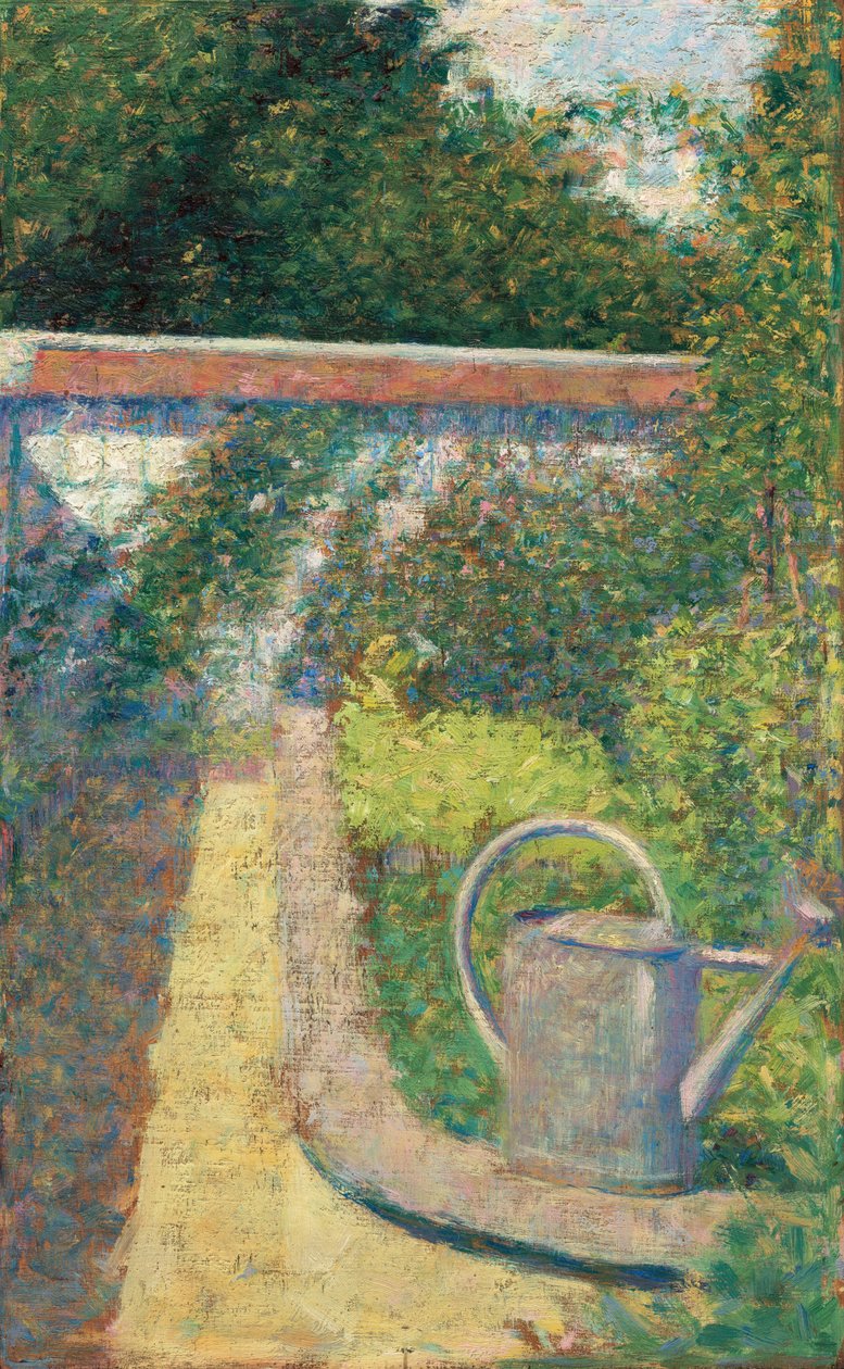 The Watering Can - Garden at Le Raincy, c. 1883.    1183286   no       norwegian Successfully Translated  Original: Le jardin des pommes (Apple Garden). Une femme en robe blanche cueille un fruit dans un pommier, sur une estrade, derriere elle, un couple p av Georges Pierre Seurat