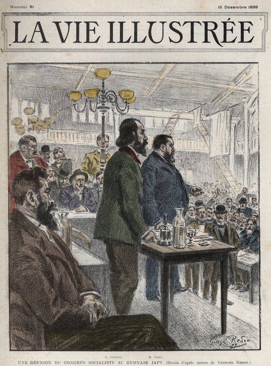General Congress of Socialist Organizations, holdt i Paris i desember 1899, på Gymnasium Japy - Jean Jaures (1859-1914) og Eugene Fournier (1857-1914) tegning av Georges Redon - la vie illustree de 1899 av Georges Redon
