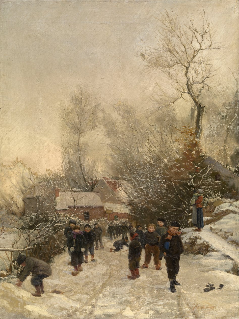 Landsby med barn i snøen (olje på lerret) av Georges Reinheimer