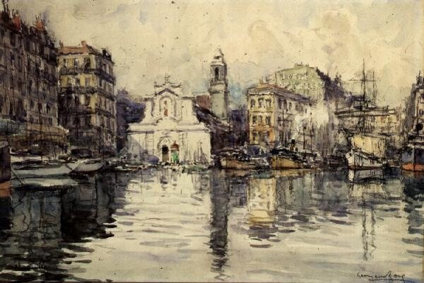 Havnen, Marseille (akvarell) av Georges Rose