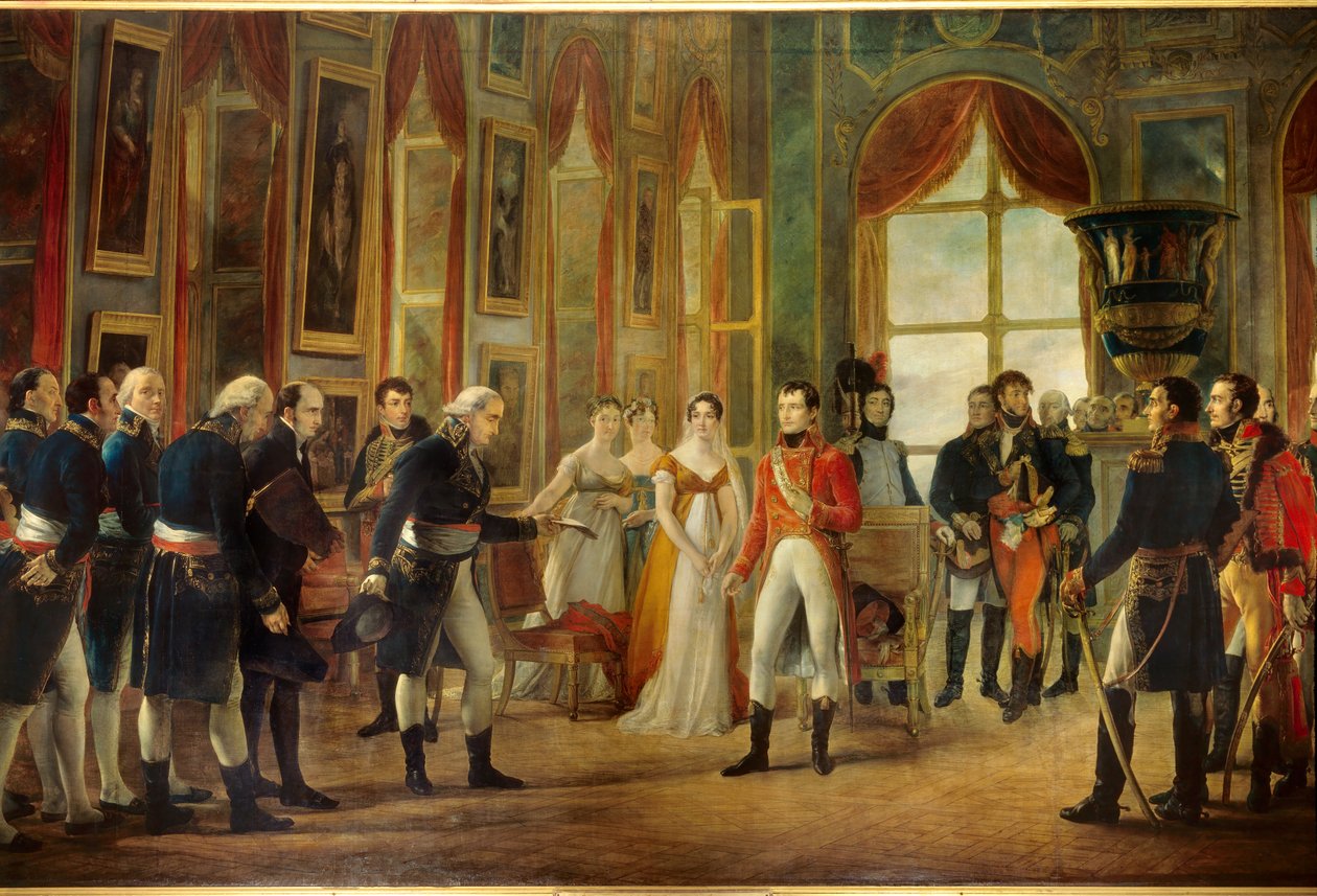 Napoleon I (1769-1821) mottok i Saint-Cloud Senatus-Consulte som utropte ham til keiser av franskmennene 18.05.1804 (bak keiserinnen Josephine, er hans datter Hortense og hennes svigerinne Marie-Annonciade, Caroline Bonaparte (1782-1839)). Je av Georges Rouget