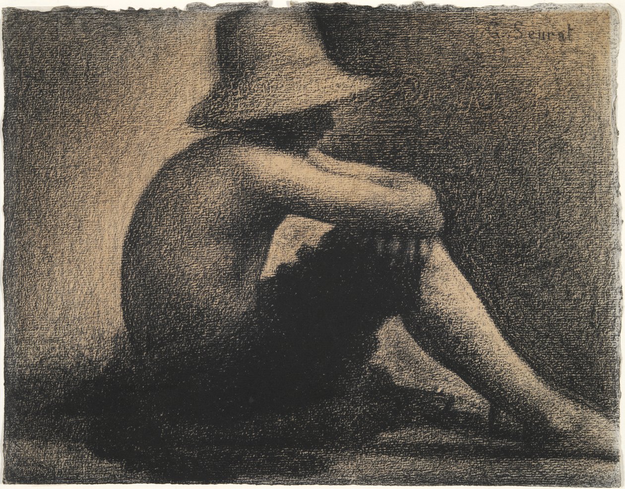 Sittende gutt med stråhatt, studie for badende på Asnieres av Georges Seurat