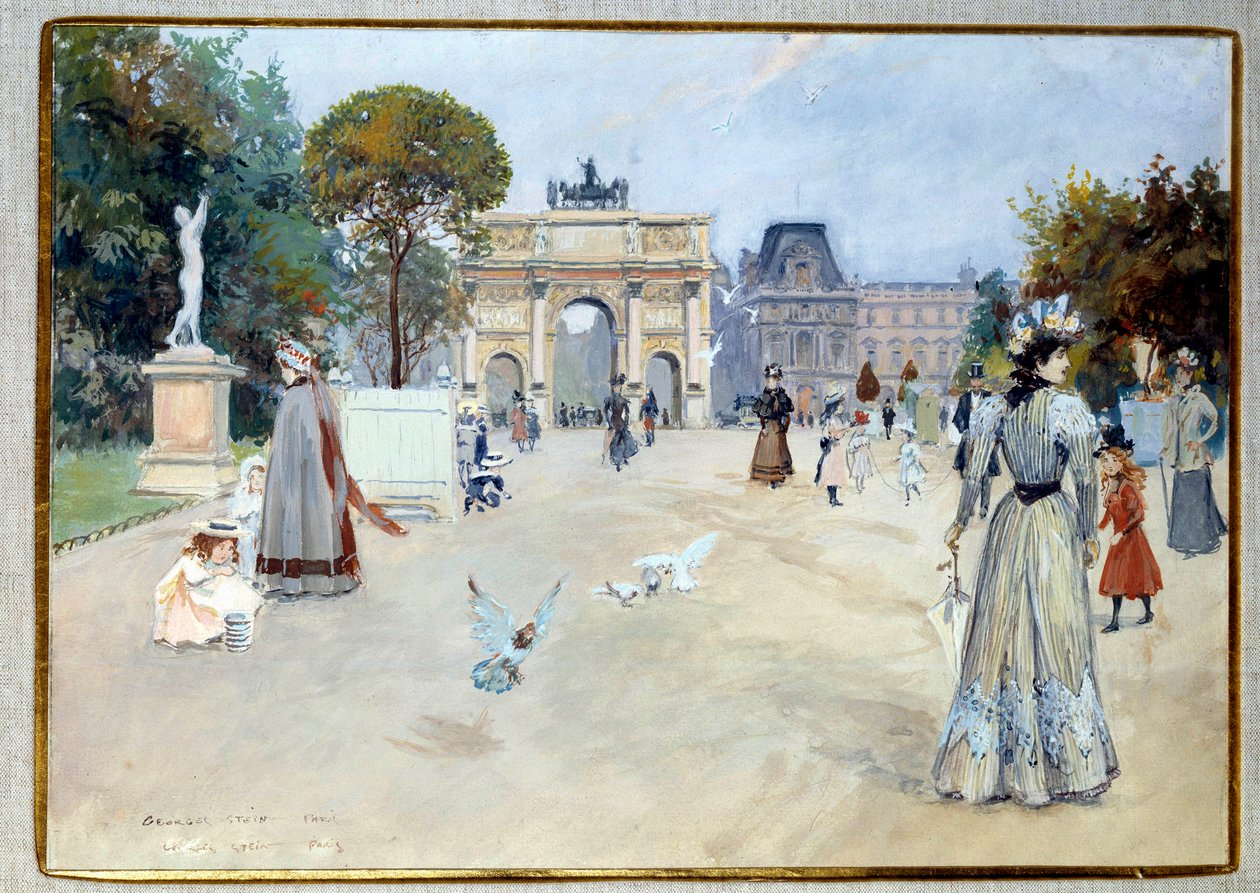 Utsikt over Tuileries Garden i Paris Hagen var en av de parisiske stedene for turer av elegante. Gouache av Georges Stein (1870-?) DR privatsamling fra 1900-tallet av Georges Stein