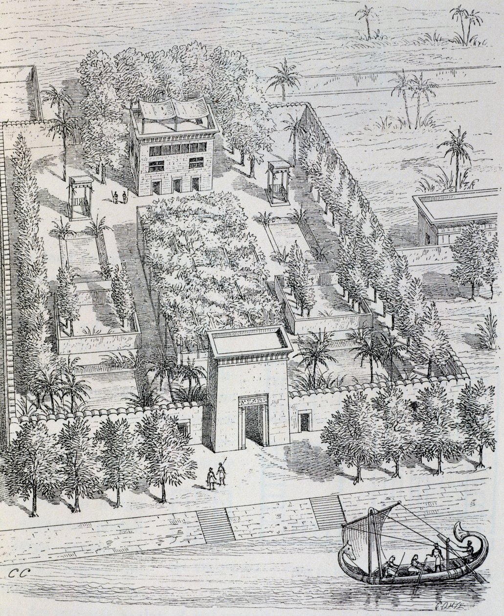Utsikt over egyptisk villa langs Nilen, rekonstruksjon av Chipiez, fra kunsthistorie i antikken (Egypt, Assyria, Persia, Lilleasia, Hellas, Etruria, Roma) av Georges and Chipiez Charles Perrot