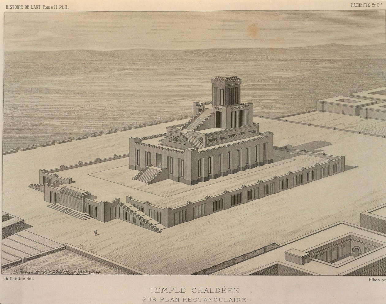 Rekonstruksjon av et kaldeisk tempel. Gravering fra Georges Perrot (1832-1914) og Charles Chipiez (1835-1901), Histoire de l