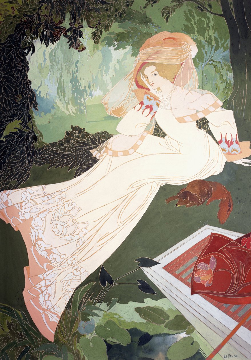 En elegant dame med en hund av Georges de Feure