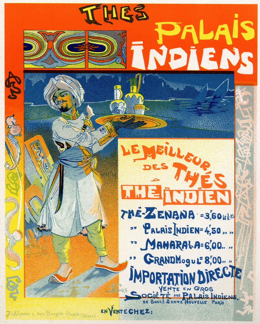 Reproduksjon av en plakat som reklamerer for "Teas from the Indian Palaces" for en tebutikk i Paris, Frankrike, ca. 1890 (farge litho) av Georges de Feure