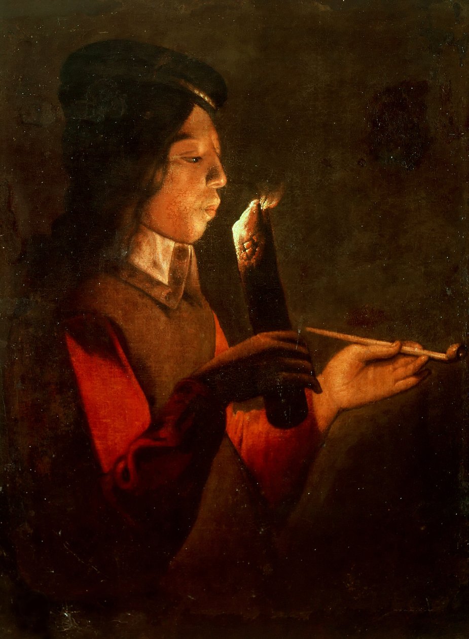 En ung gutt med en pipe, som blåser på en ildfast Le Souffleur à la pipe. av Georges de, La Tour