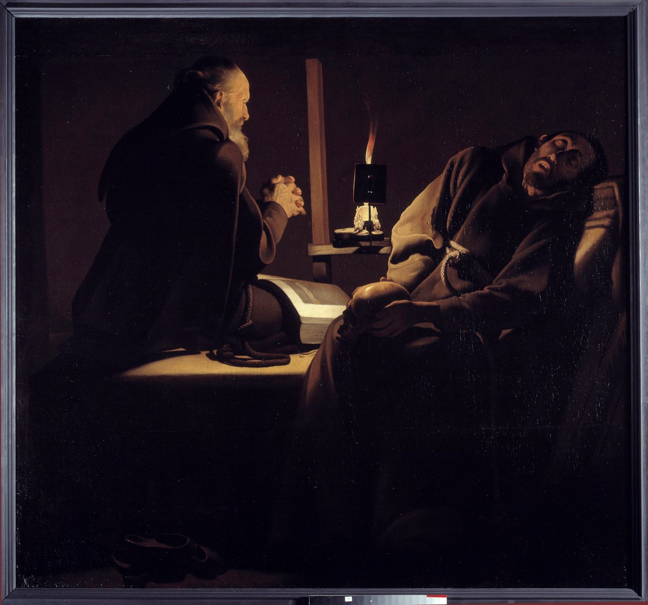 Ekstasen til Saint Francois også kalt en munk i bønn nær en døende munk eller de to munkene. Maleri (Vanite) av Georges de La Tour (1593-1652) av Georges de la (after) Tour