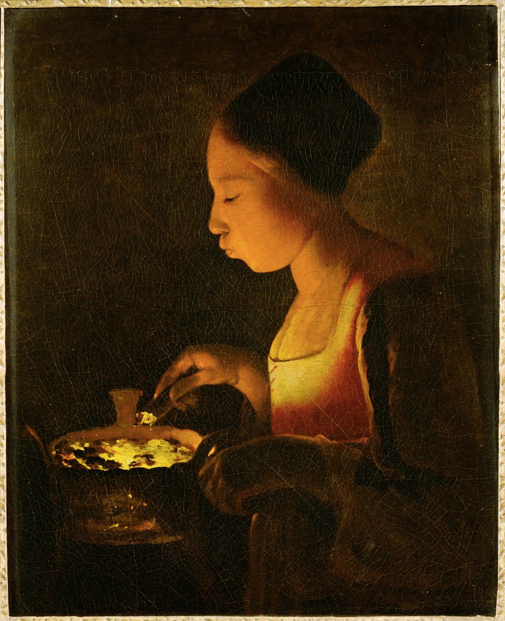 Jente som blåser på en bålpanne (maleri på lerret) av Georges de la Tour