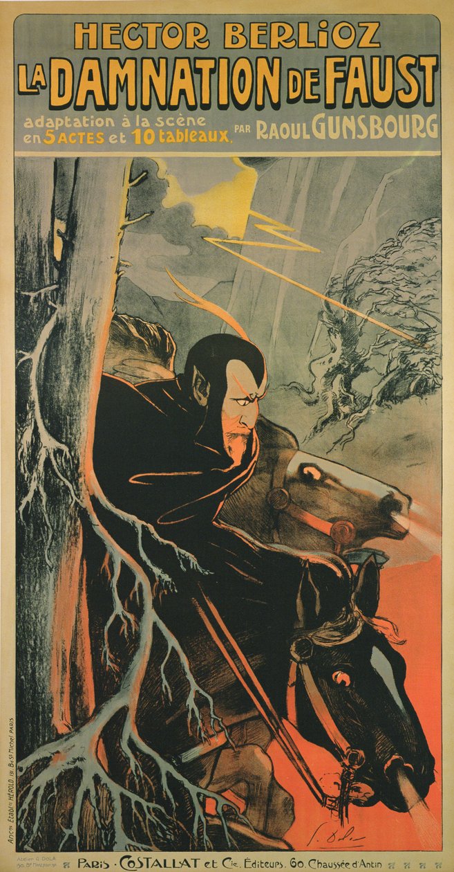 Plakat som reklamerer for en produksjon i Paris av 'La Damnation de Faust' av Hector Berlioz, ca. 1910 (fargelitografi) av Georges pseudonym of Edmond Vernier Dola