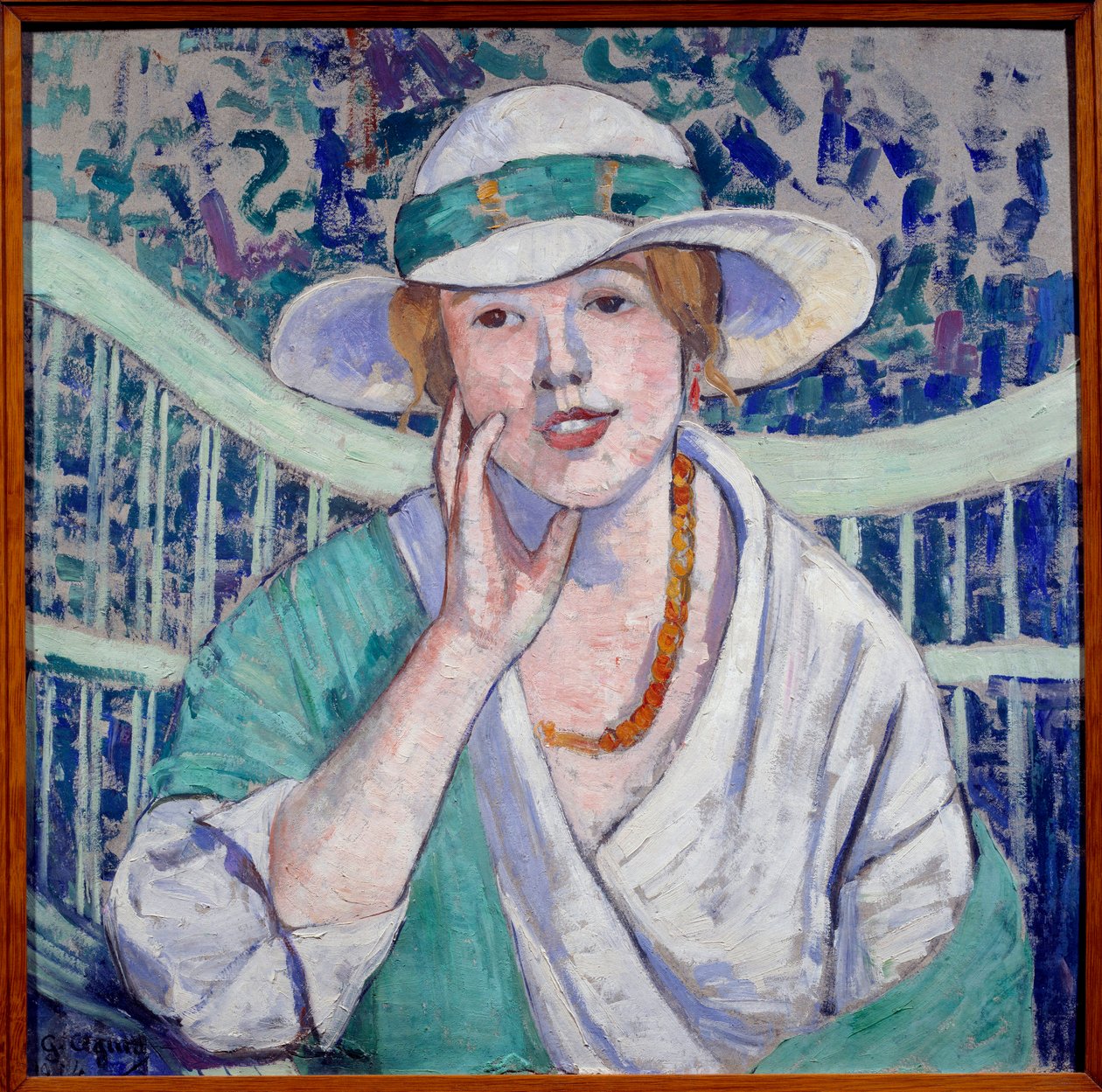 Portrett av dame med hvit og grønn hatt-maleri av Georgette Agutte (1867-1922) 1914 Grenoble, Musee des Beaux Arts av Georgette Agutte