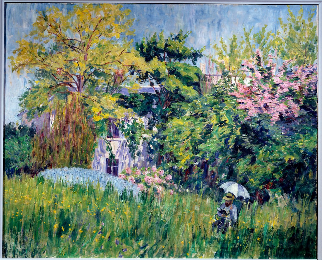 Hagen til Bonnieres En leser har under en paraply i høyt gress. Maleri av Georgette Agutte (1867-1922) 1909-1910. Olje på lerret, 81 x 100 cm. Grenoble, musee des Beaux Arts - Hagen på Bonnieres. En leser under en paraply i det høye gresset. Pa av Georgette Agutte