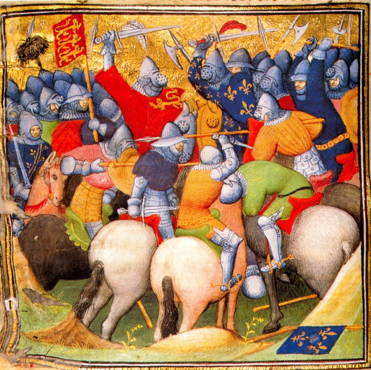 Engelskmenn som kjemper mot de franske ridderne i slaget ved Crécy i 1346, Grandes Chroniques de France, 1415 (26228020225) av Georgia Levan Ramishvili from Tbilisi
