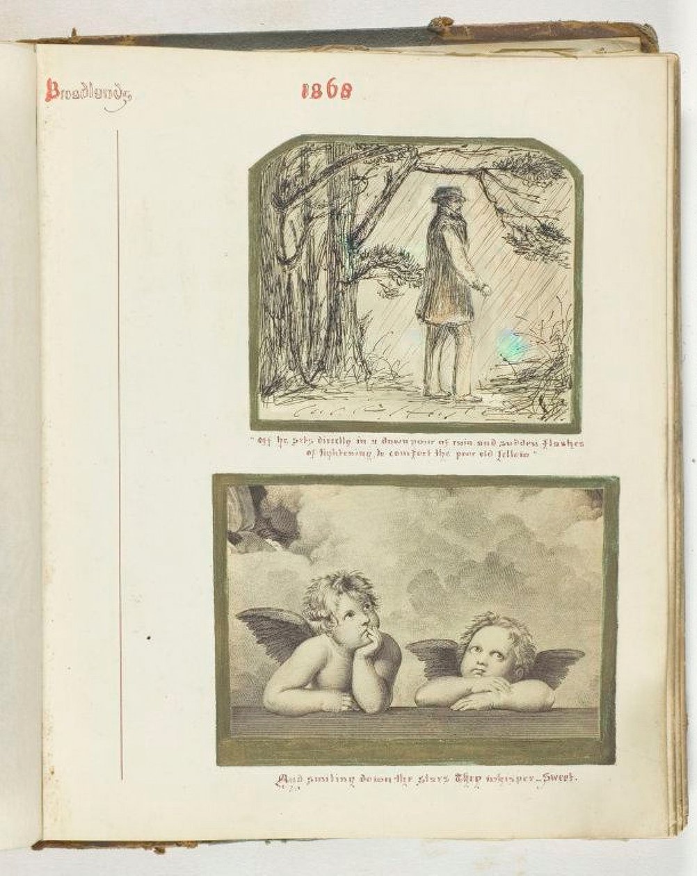 Uten tittel [mann i regnet og to kjeruber], 1868. av Georgina Cowper