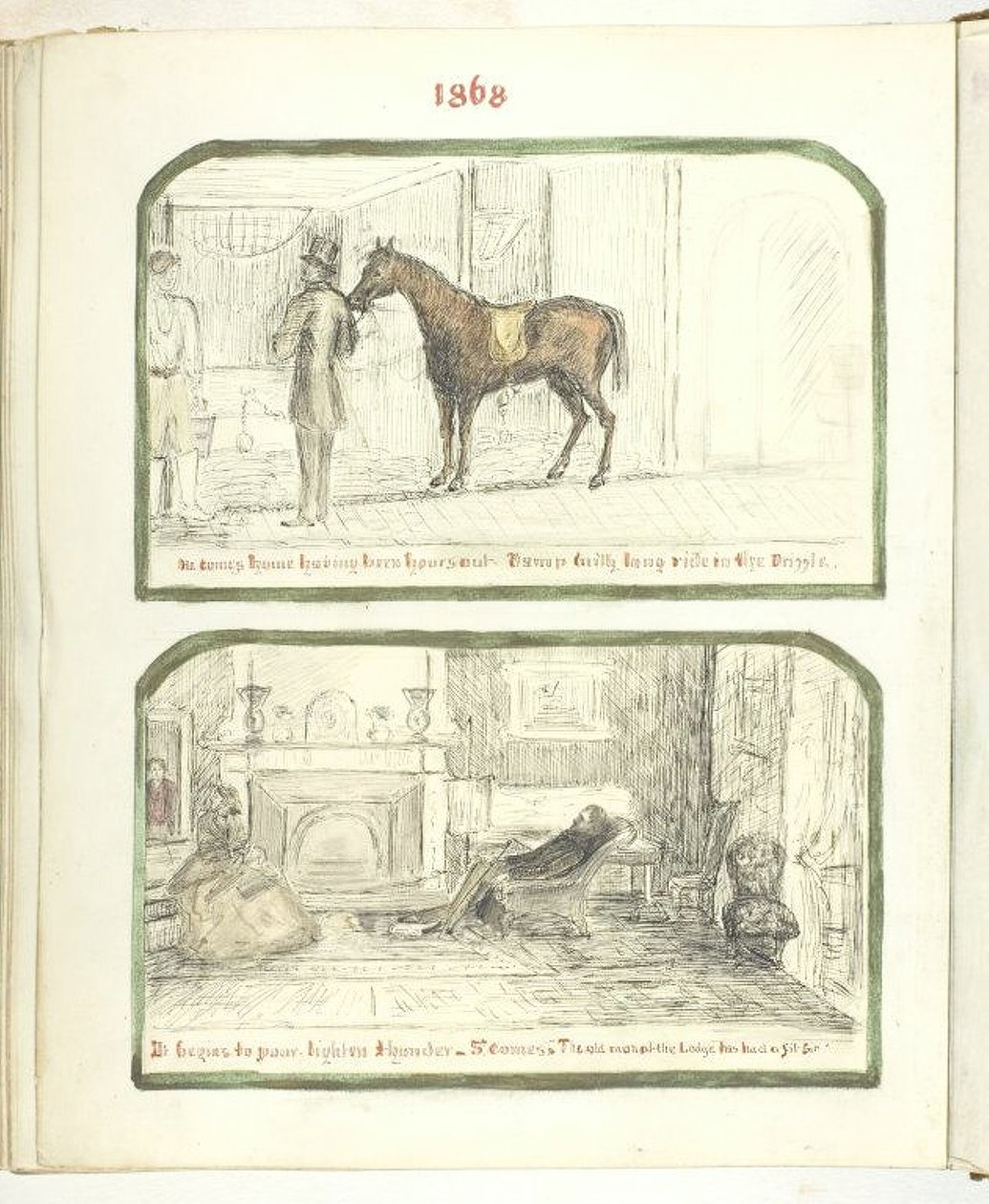 Uten tittel [mann med hest og par slapper av ved bålet], 1868. av Georgina Cowper