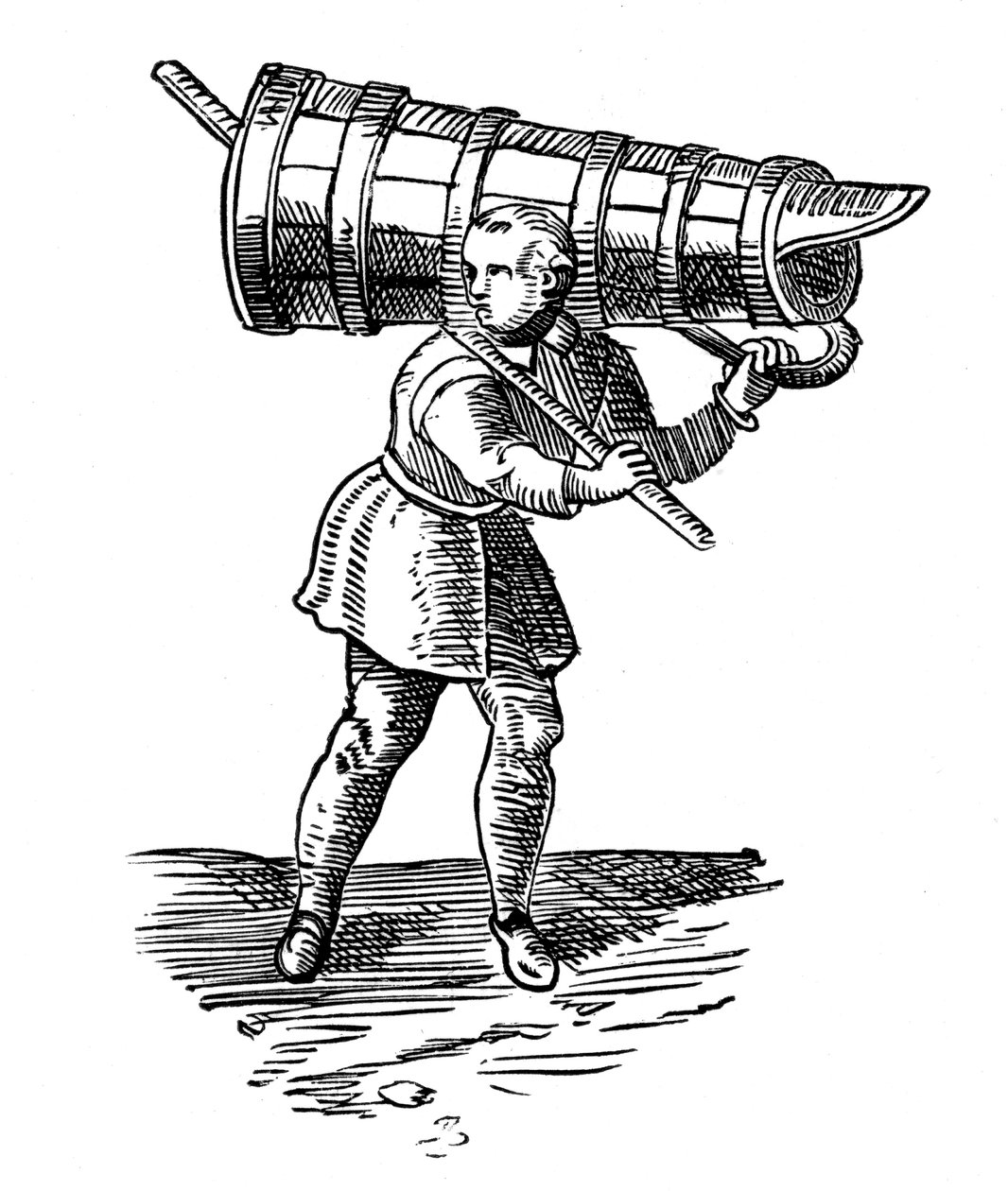 En lærling, bærende et trekar like høyt som ham selv, på vei for å hente vann, 1572 av Georgius Braun