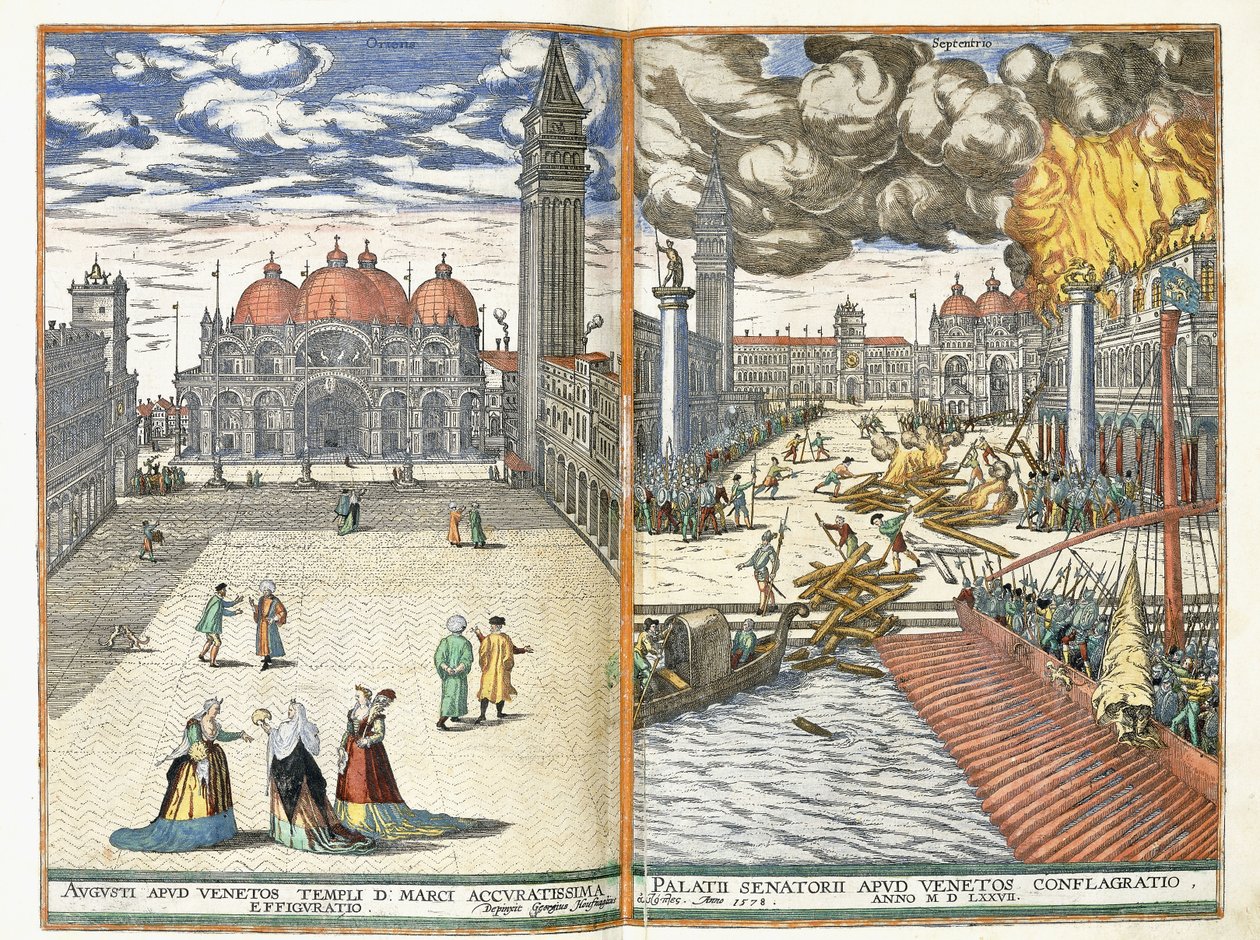 Piazza San Marco og The Conflagration of the Palazzo Senatorii, ca. 1577-8 av Georgius Housnaglius