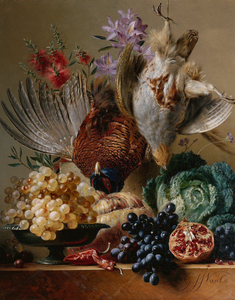 Død fasan, rapphøne, druer, kål, frukt og blomster på en avsats (olje på lerret) av Georgius Jacobus Johannes van (after) Os