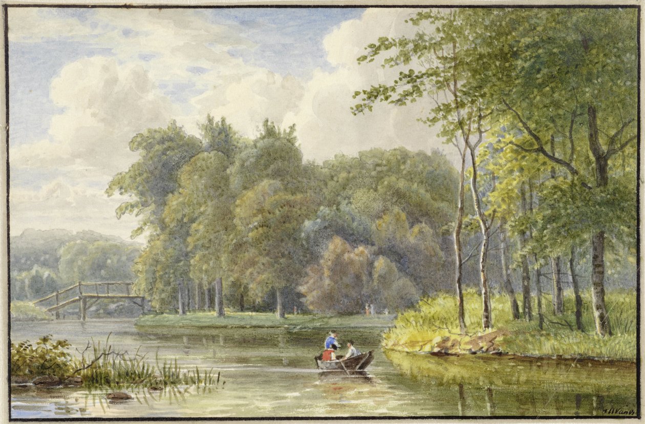 Landskap med figurer i en robåt av Georgius Jacobus Johannes van Os