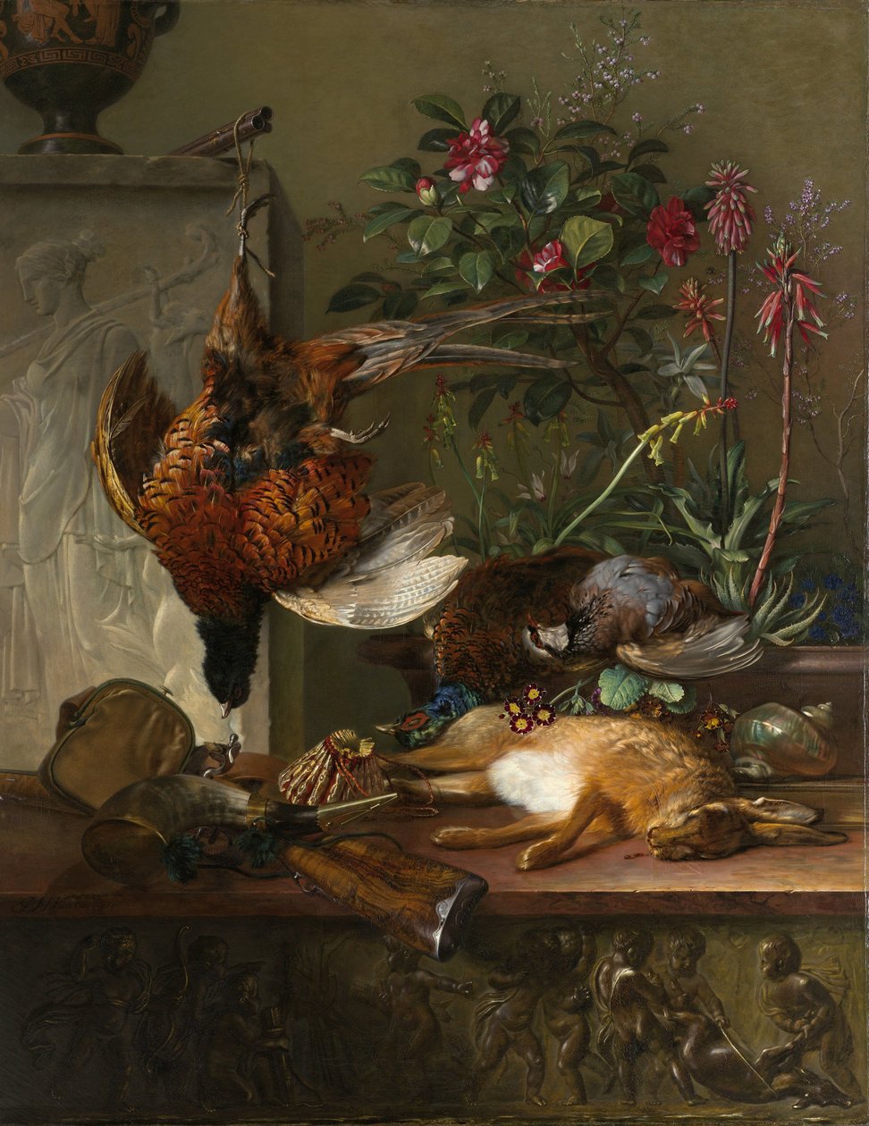 Stilleben med vilt og en gresk stele: Allegory of Autumn Stilleben med tyvegods og gresk stela: allegori om høsten av Georgius Jacobus Johannes van Os
