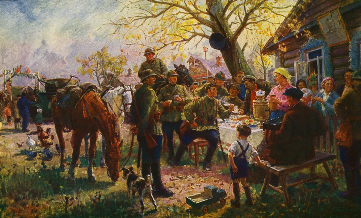 Ved manøvrene. Stopp hos kollektivbønder (fargelitografi) av Georgiy Konstantinovich Savitsky