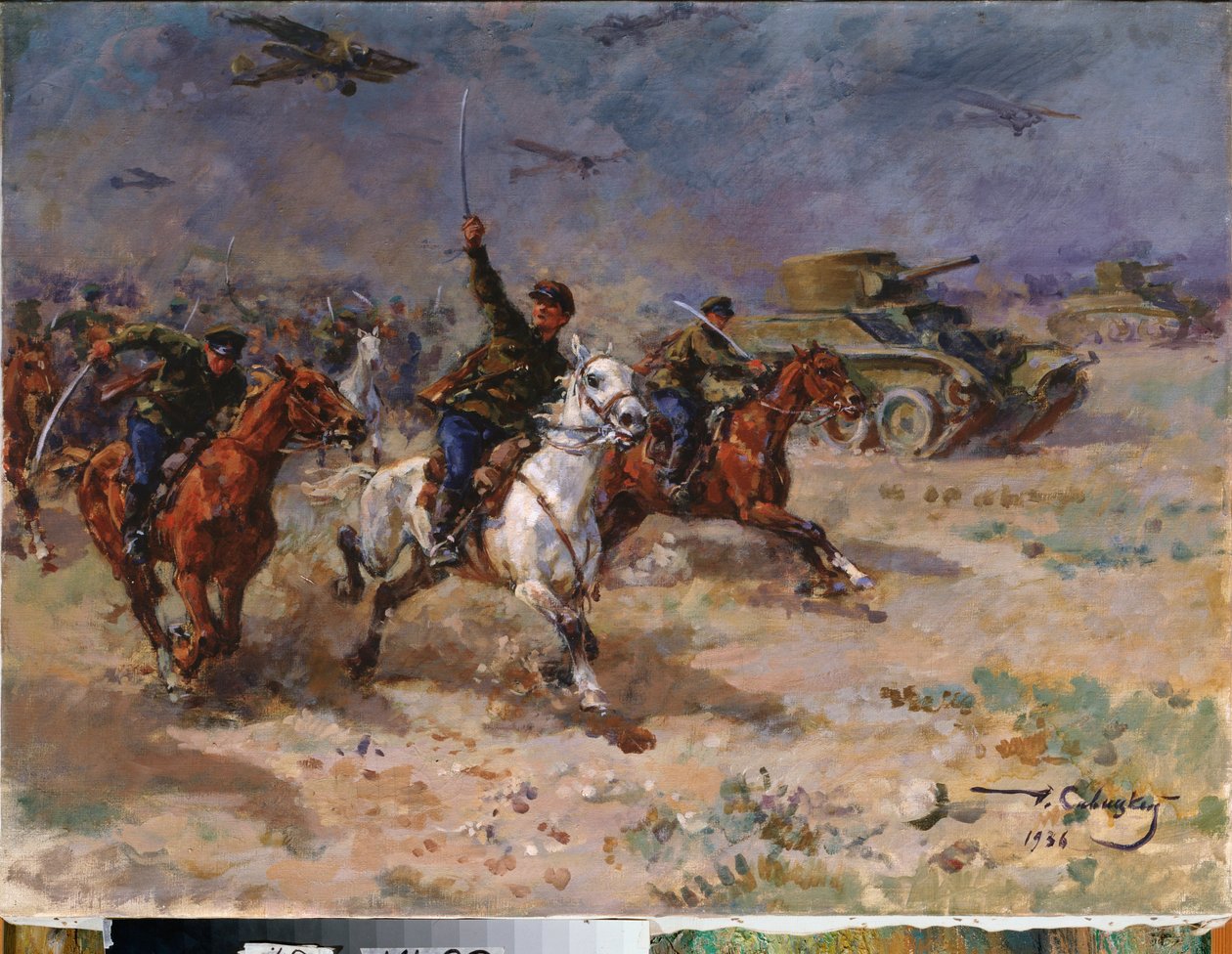 Attack (Tanks and Cavalry of the Red Army under the October Revolution) - Attack - Maleri av George (Georgy, Georgi) Konstantinovich Savitsky (1887-1949), olje på lerret av Georgiy Konstantinovich Savitsky