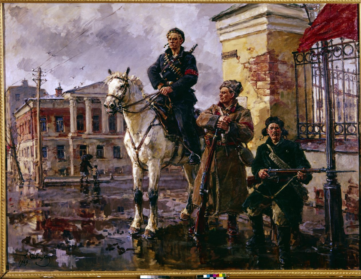 Russisk revolusjon i oktober 1917: ""de første dagene av oktober"" (De første dagene av oktober). Erobringen av Vinterpalasset i St. Petersburg 25. oktober 1917, et angrep ledet av de røde garde og bolsjevikene. Maleri av George (Georgy av Georgiy Konstantinovich Savitsky