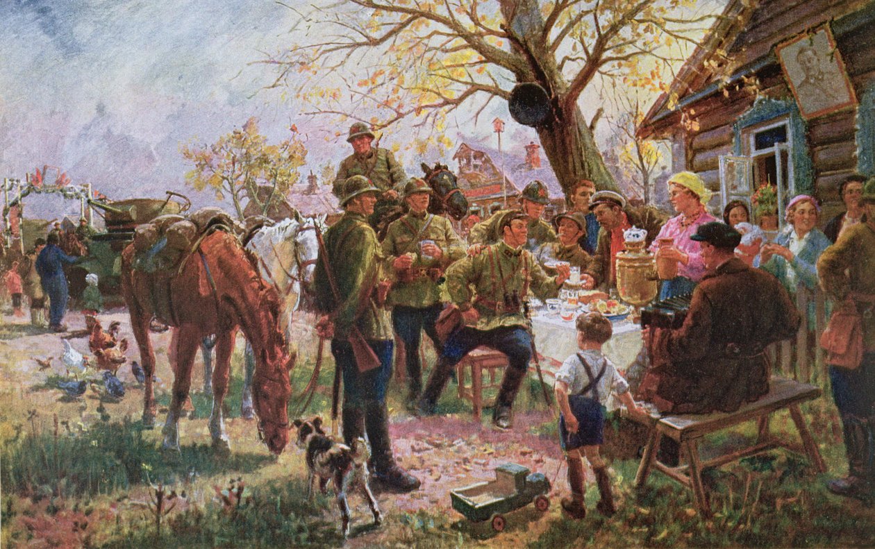Soldater fra den røde hæren på manøver mottar en velkomst og hvile på en Kolkhoze av Georgiy Konstantinovich Savitsky