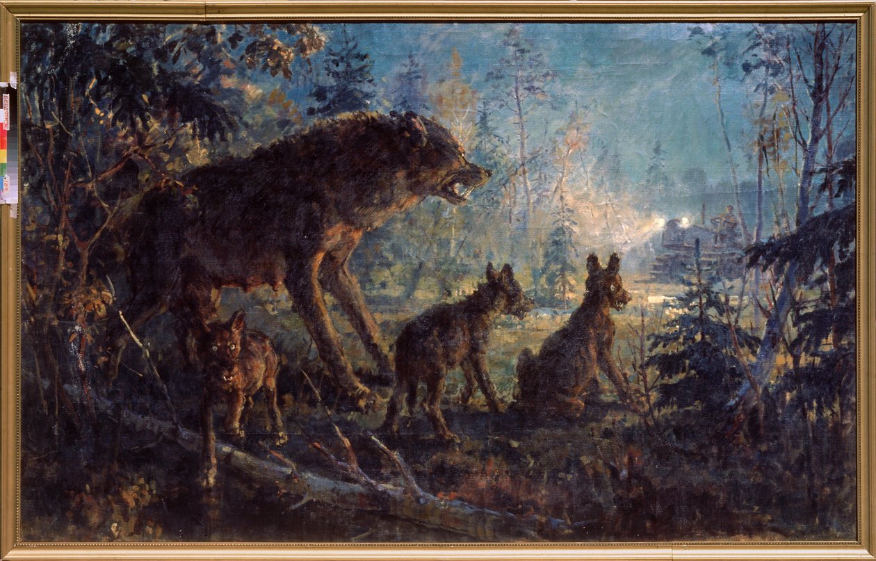 Et møte i skogen (Ulv og ungene hennes vendt mot en traktor, om natten) - Et møte i skogen - Maleri av George (Georgy, Georgi) Konstantinovich Savitsky (1887-1949), olje på lerret av Georgiy Konstantinovich Savitsky