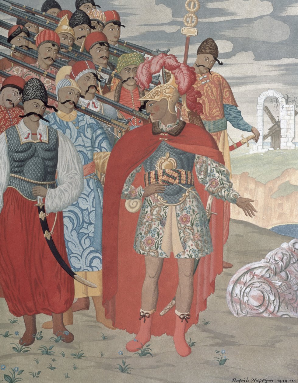 Aeneas og hans soldater, 1919 (fargegravering) av Georgy Narbut