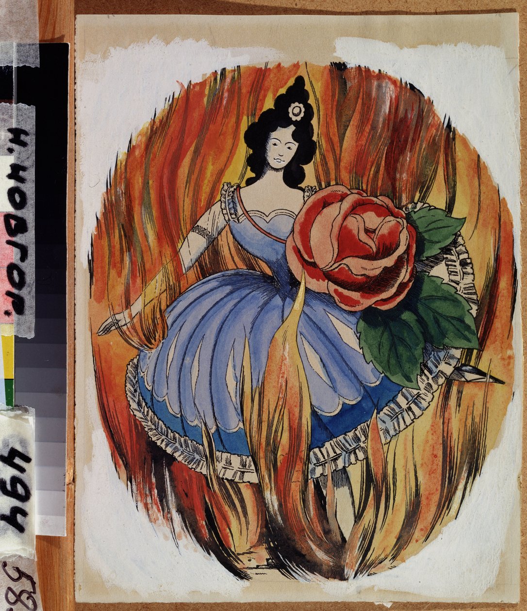 Ildens prestinne. En ballerina skisserer et dansetrinn midt i flammene. Verk av Georgi Ivanovich Narbut (1886-1920), akvarell og blekk på papir, ca. 1910. Russisk kunst, tidlig 1900-tall, symbolikk. Statens kunstmuseum, Nijn av Georgy Narbut