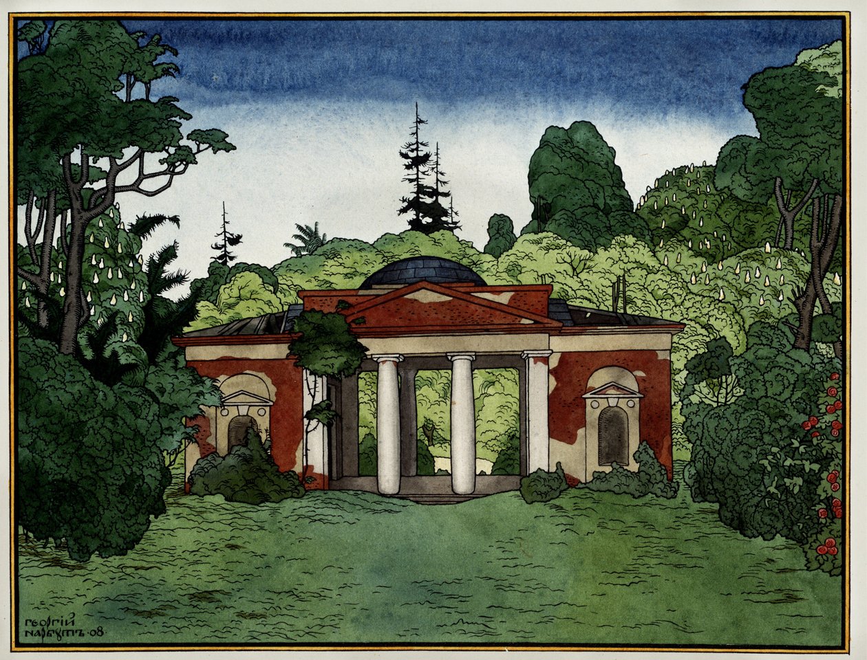 En paviljong i området Tsaritsino (Moskva, Russland) (paviljong i Tsaritsino-parken). Verk av Georgi Ivanovich Narbut (1886-1920), blekk og akvarell på papir av Georgy Narbut