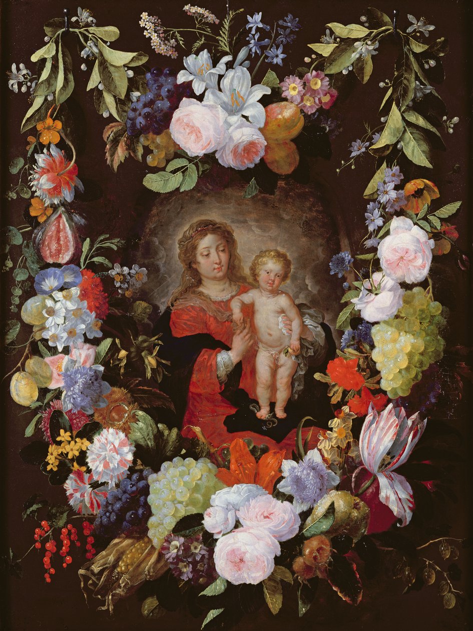 Jomfruen og barnet med en krans av blomster av Gerard Seghers
