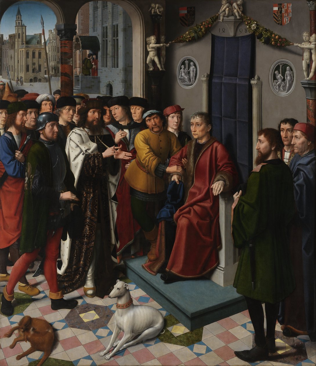 Diptych Justice for rådskammeret i Brugge rådhus. Panel 1 - Fangsten av den korrupte dommeren Sisamnes av Gerard David