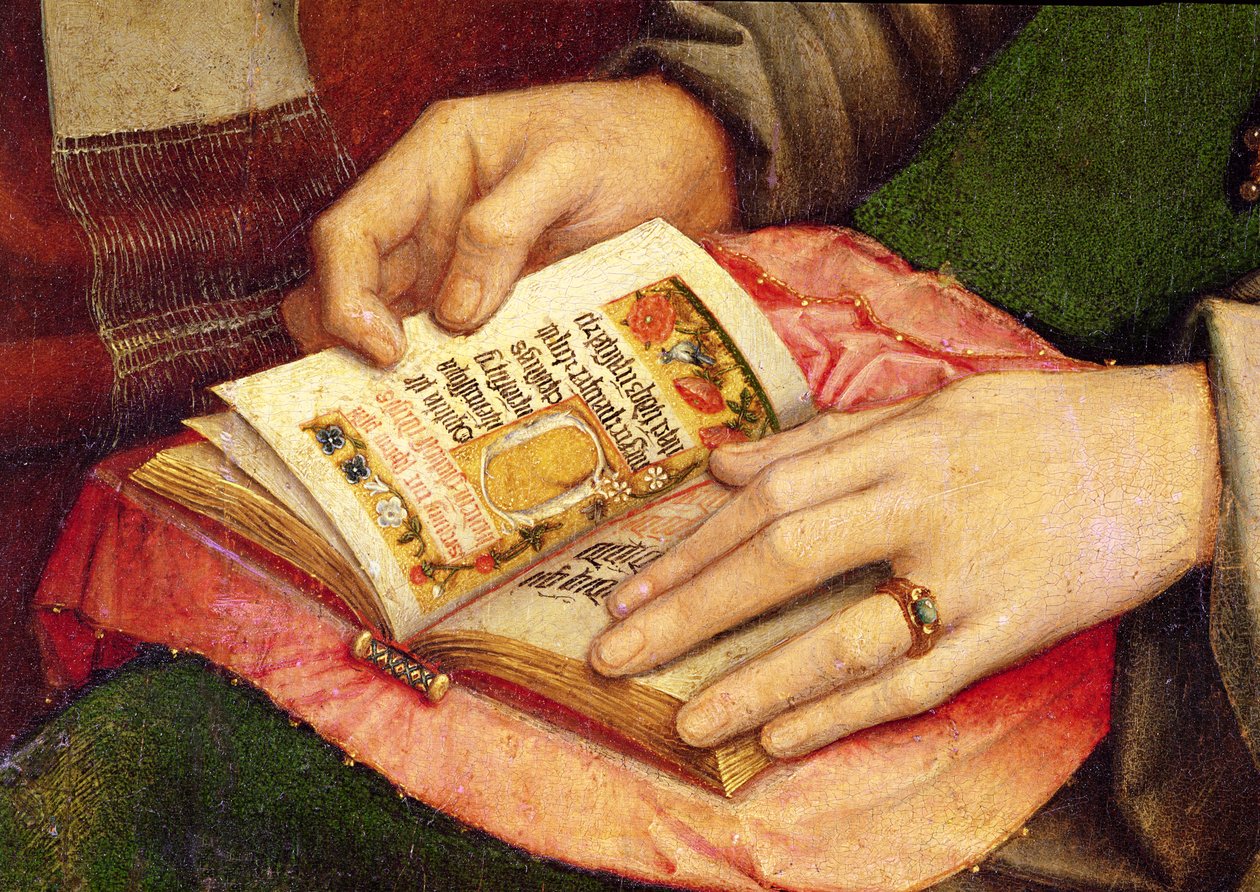 Jomfru og barn med hellige, detalj av en åpen bok, ca. 1509 av Gerard David