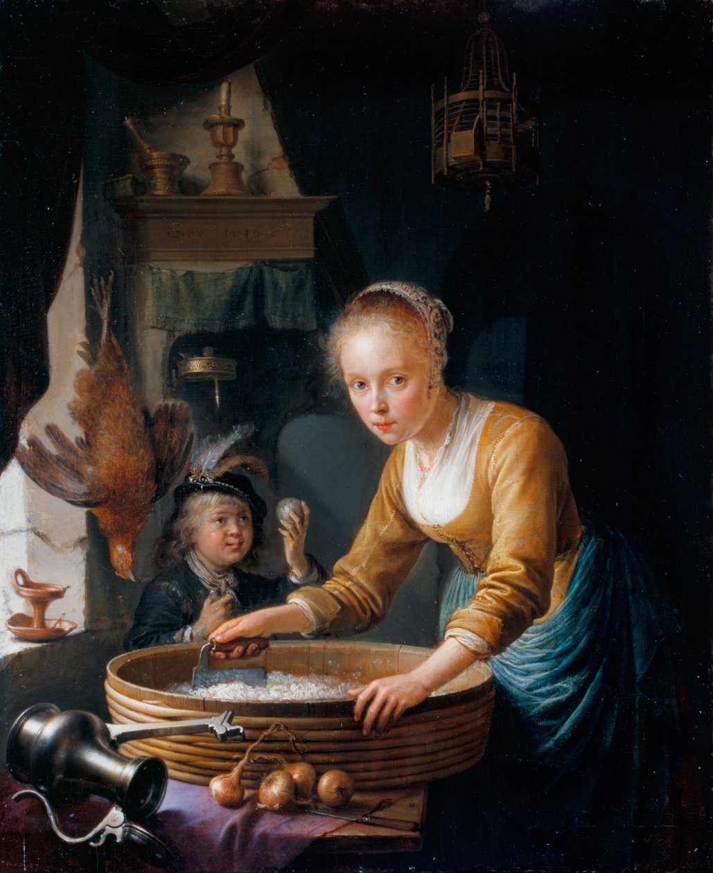 Jente som hakker løk av Gerrit Dou
