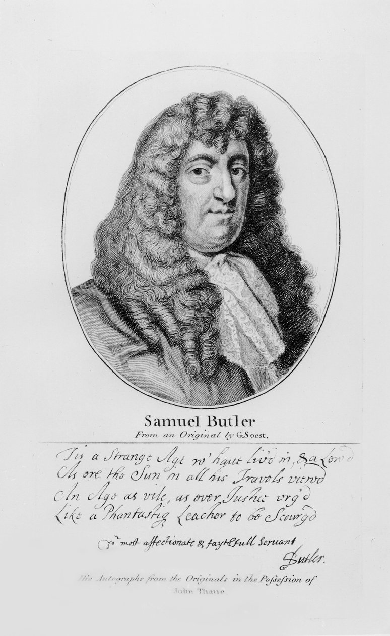 Portrett av Samuel Butler (1612-80) med et utvalg av hans håndskrift av Gerard Soest