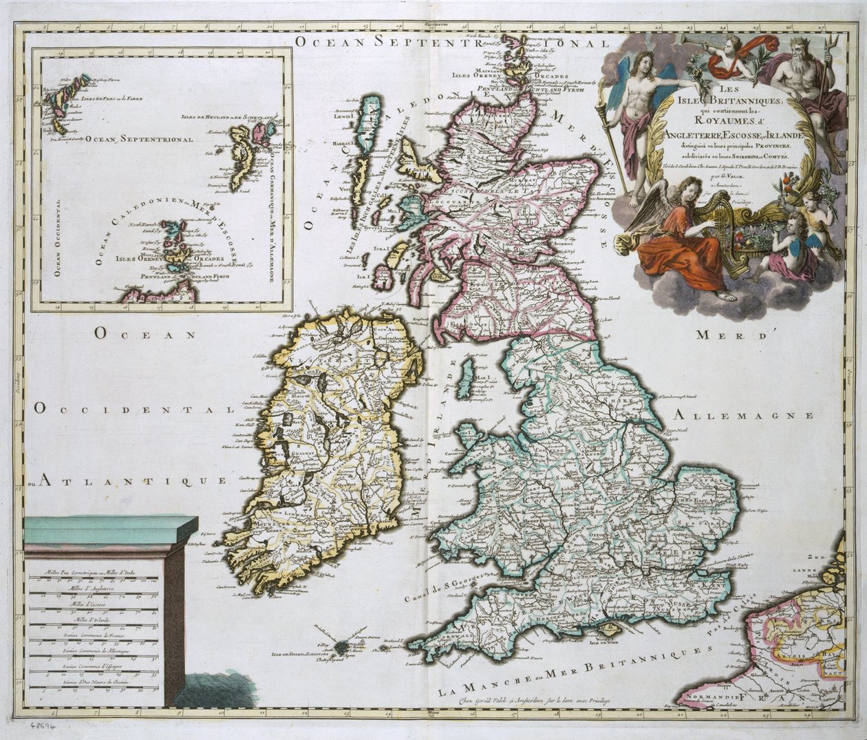Kart over Storbritannia og Irland (fargegravering) av Gerard Valck