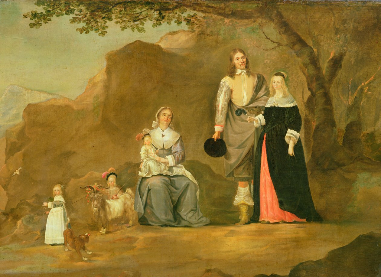 Familiegruppe med hund og geit i et fjellandskap av Gerard ter Borch