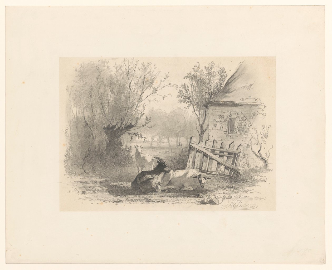 Twee geiten en een schaap bij een hek voor een huis   1388527   no       norwegian Successfully Translated  Original: The luncheon : decorative panel Translat: The luncheon : decorative panel 1317059 no norwegian Successfully Translated Original: Plate 40, av Gerard Bilders