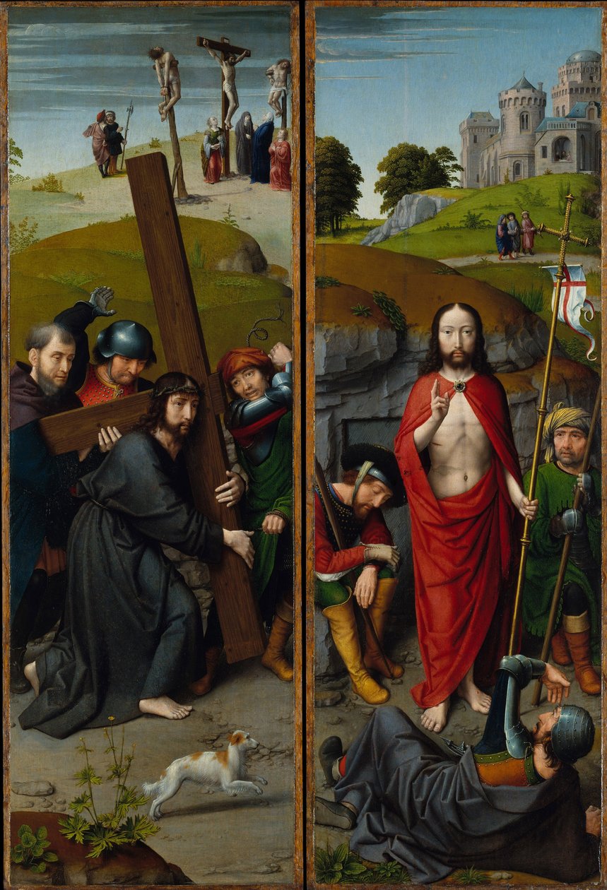 Kristus som bærer korset, med korsfestelsen; The Resurrection, with the Pilgrims of Emmaus, ca. 1510 (olje på eikepanel) av Gerard David