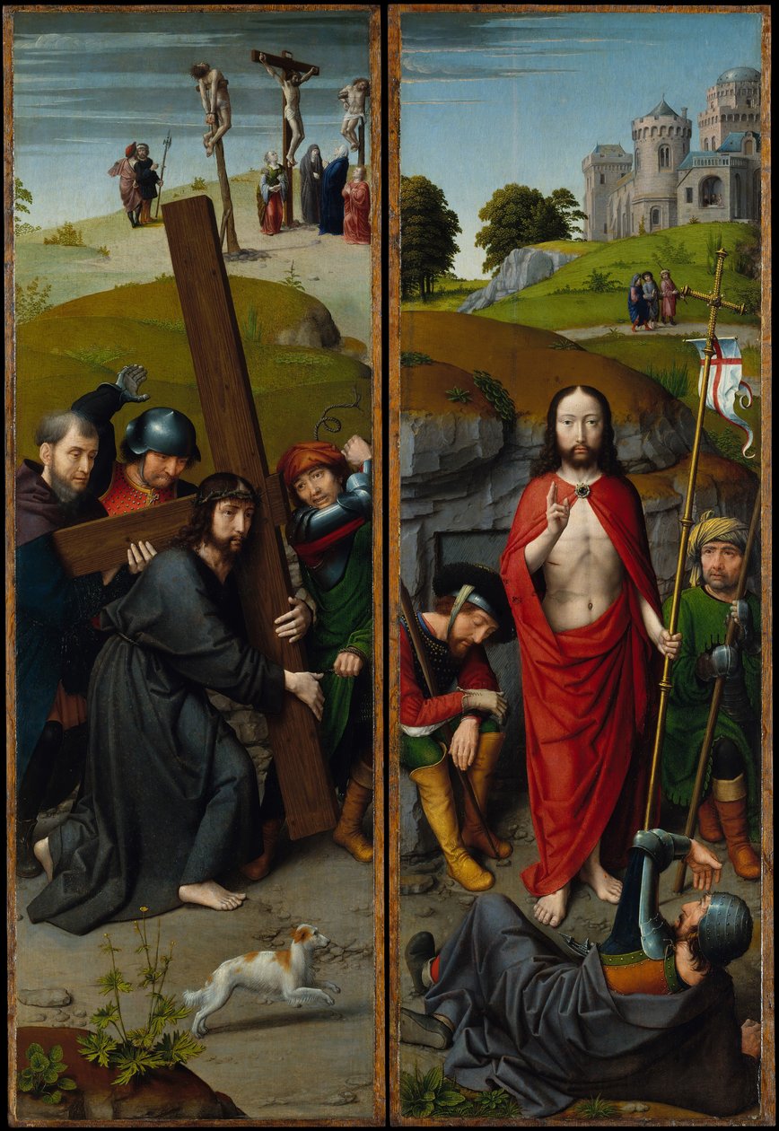 Kristus som bærer korset, med korsfestelsen, oppstandelsen, med pilegrimene..., ca. 1510. av Gerard David