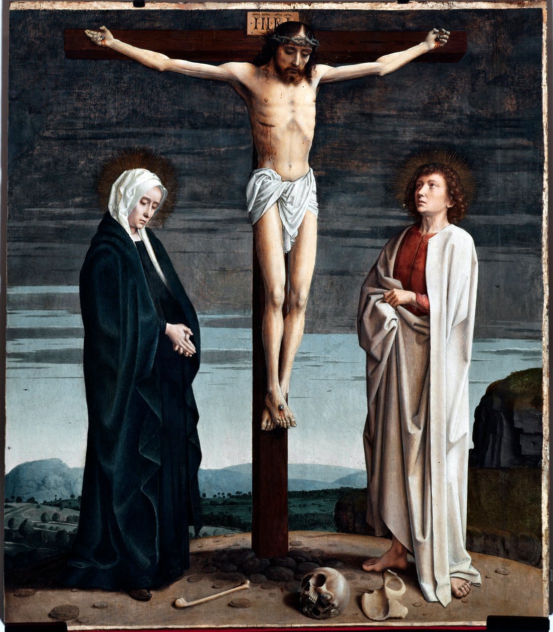 Crucifixion Polyptych Panel from the Church of San Gerolamo della Cervara - Maleri av Gerard David (ca. 1460-1523) 1506 Dim 90x100 cm Genes Musei di Strada Nuova (ex Palazzo Bianco) Italia av Gerard David