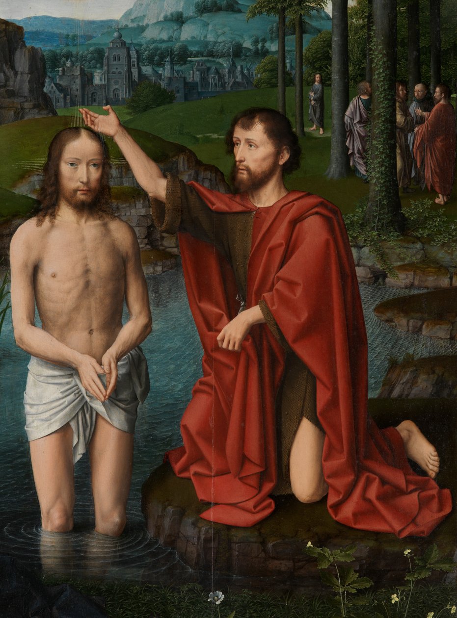 Detalj av sentralpanelet til Kristi dåp, ca. 1502-08 (olje på panel) av Gerard David