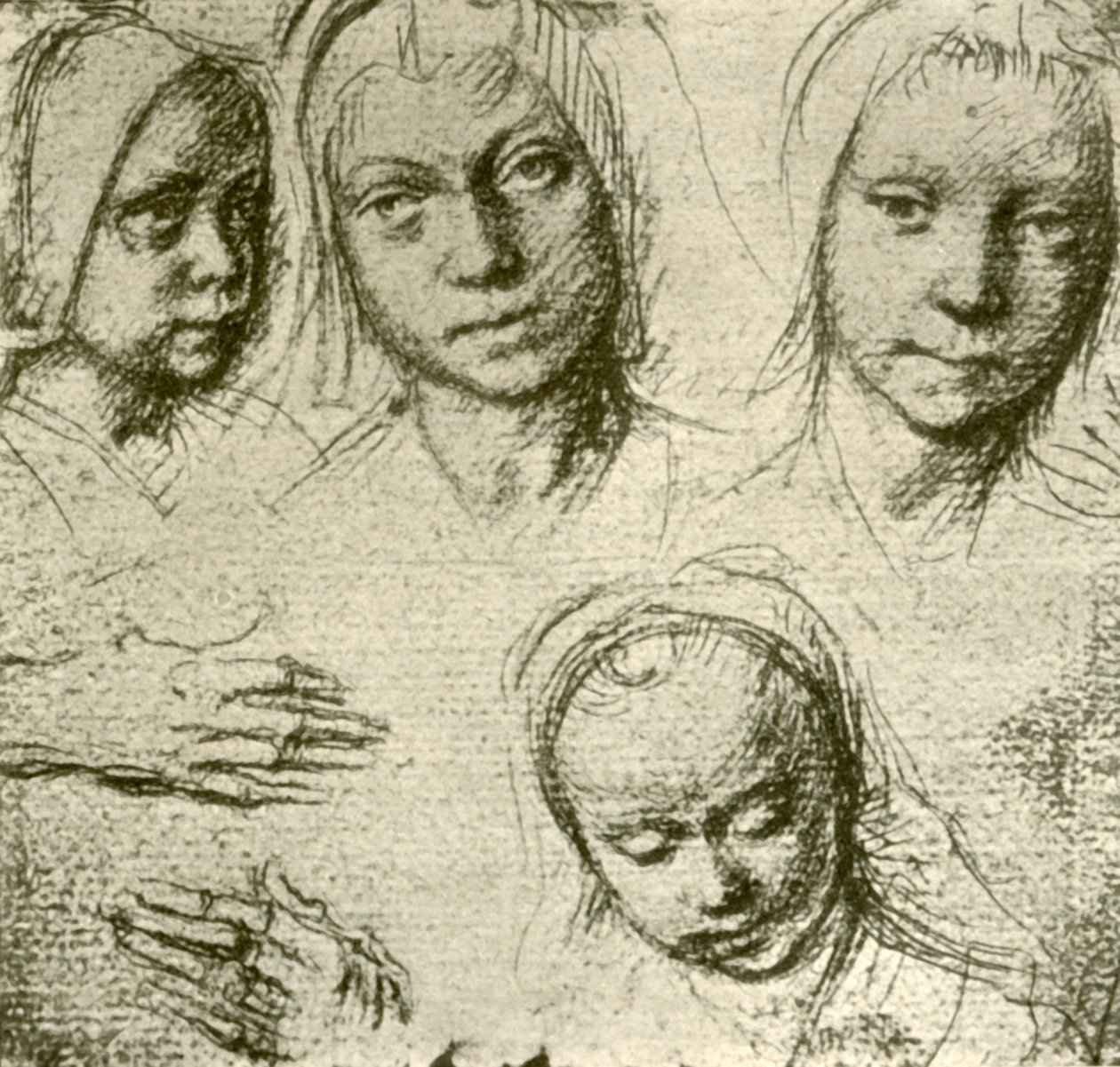 Fire hoder til en ung jente og to hender, c1500-1505, 1908. av Gerard David